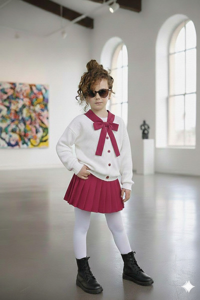 Ütk kids Piliseli fiyonk flarlı bayramlık kız çocuk etekli takım