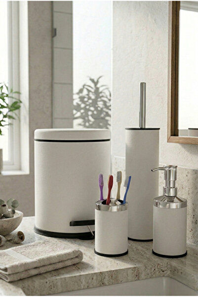 Bürke 4-Piece Bathroom Set White 3 Liter Trash Can Toilet Brush Liquid Soap D...