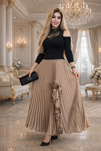 Yeşilmoda Women's Satin Atlas Pleated Flared Long Skirt with Elastic Waist St...