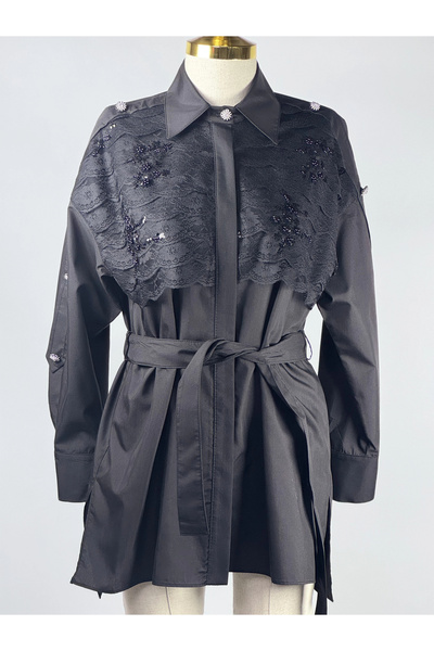 my312 Siyah Renk Dantelli Düğmeli Tunik