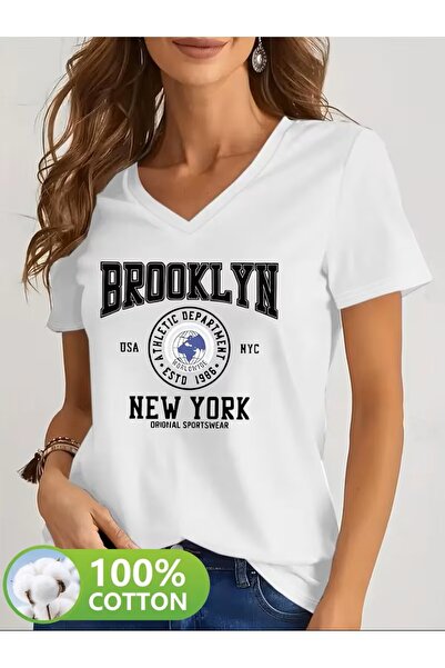 H&GHAMLEGİYİM με τύπωμα T-shirt, κοντομάνικο με λαιμόκοψη σε σχήμα V, καθημερ...