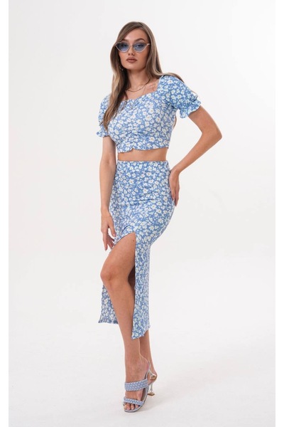 Aurenza Vellori Women's Patterned Cropped Blouse and Slit Skirt Top and Botto...
