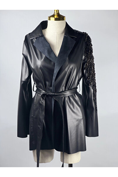 qupra Siyah Deri Boncuk Detaylı Ceket