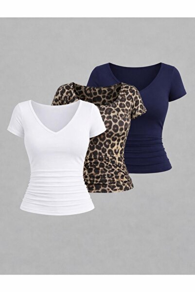 Machetta Women's V-Neck Short Sleeve 3-Pack Stretch Fabric Basic Blouse