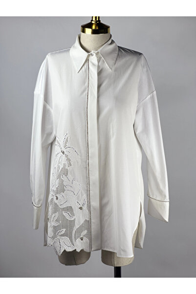my312 Ekru Renk Önü Nakışlı Taşlı Tunik