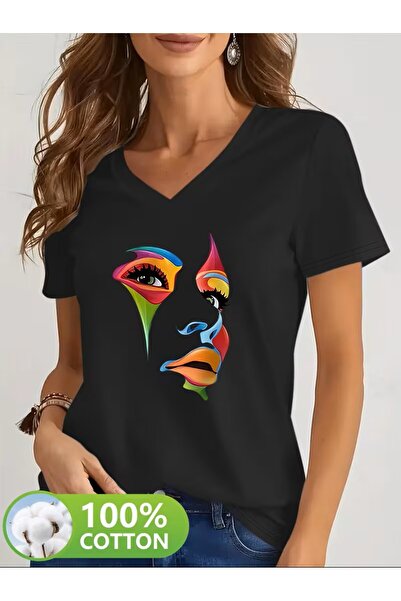 yombaa Printed T-Shirt, Short Sleeve V-Neck Summer & Spring Casual Top, Women...