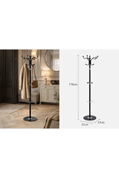 TrentonGCC Modern Black Coat Rack Stand 179cm Freestanding Hall Tree with Mar...