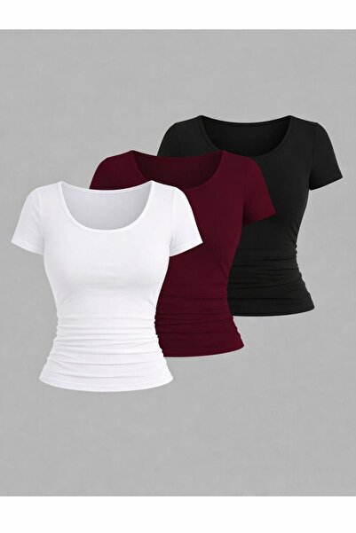 Machetta Women's Short Sleeve Crew Neck 3-Pack Stretch Fabric Basic Blouse