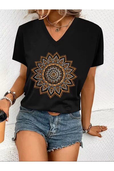 yombaa Štampano Majica, kratki rukav, V-izrez, letnja i prolećna ležerna maji...