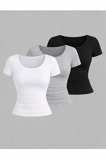 Machetta Women's Short Sleeve Crew Neck 3-Pack Stretch Fabric Basic Blouse