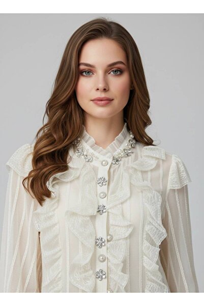Rabiossa Kadın İnci ve Kristal İşlemeli Fırfırlı Şifon Gömlek