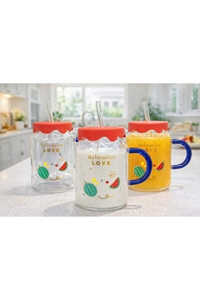 bahe home Cam Kapaklı Pipetli Bardak Süt Meyve Suyu Smoothie Kupası