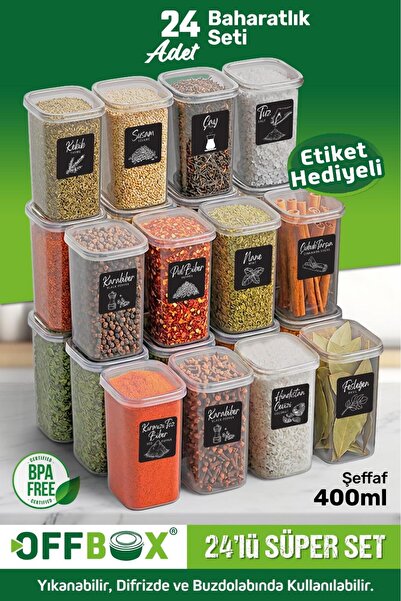 OFFBOX 24 Adet Şeffaf 400 ml Saklama Kabı Erzak Baharatlık Seti 40 Etiket Hed...