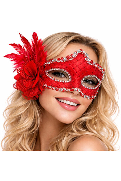 Kanonik Education Red Feathered Venetian Luxury Ball Mask