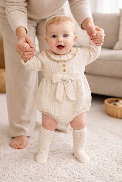 minicayzen Unez Mini Cazyen Bow Detail Muslin Baby Bodysuit Set (with Socks a...