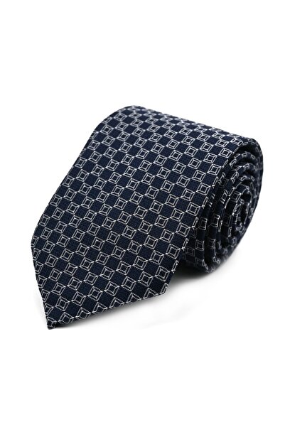 Sade Kravat أزرق داكن وأبيض صغير منقوش بنقش مربعات ربطة عنق 33126 أزرق داكن