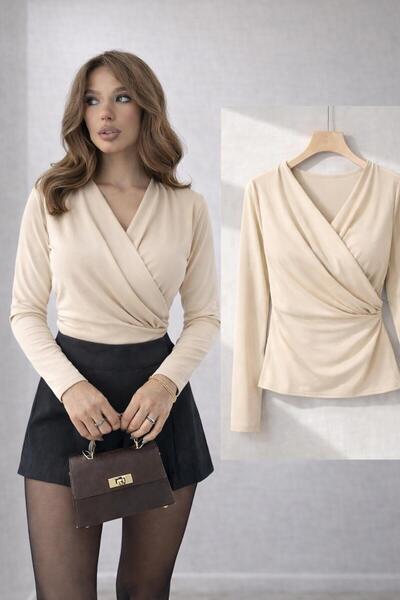 peri tower Kadın Bej Kruvaze V Yaka Sandy Uzun Kollu Şık Bluz 11