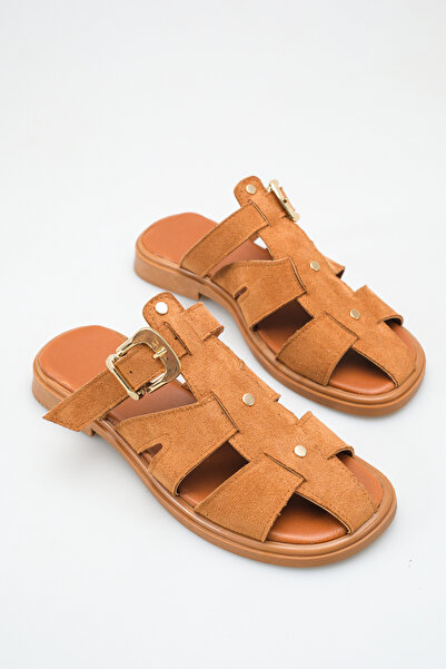 meyra'nın ayakkabıları Women's Tan Suede Buckle Detail Flat Sole Slipper