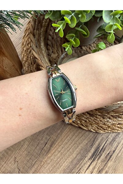 TD TRENDDURAGI Vintage Rectangular Gold - Silver Inside Green Women's Wristwatch