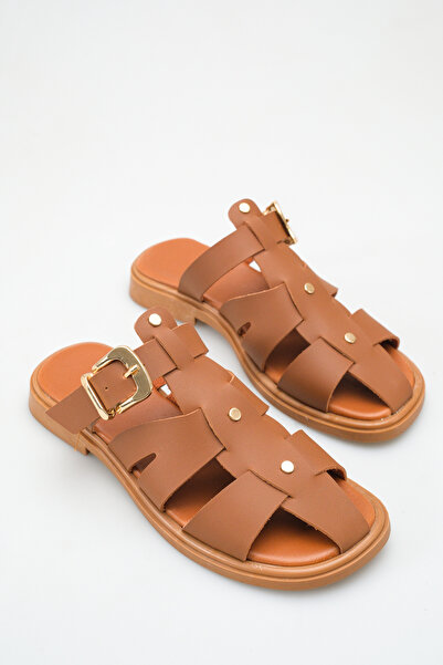 meyra'nın ayakkabıları Women's Tan Skin Buckle Detail Flat Sole Slipper
