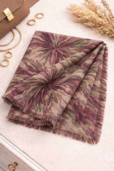 KRAFTELLA Soft Natural Tones Tropical Print Linen Look Square Shawl - Tropica...