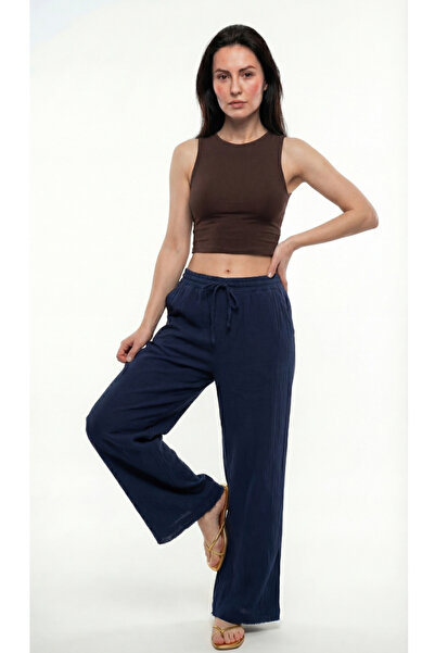 DIANNA Kadın Beli Lastikli Wide Leg Müslin Pantolon %100 Pamuk Geniş Bol Paça...