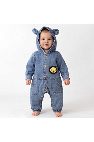 CROCODAYS Unisex Çocuk Bebek Kot (JEANS) Oyuncaklı Kapşonlu Tulum (3/6/9/12) Ay