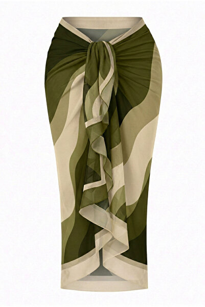 CUPSEA Kadın Haki Yeşil Dalga Desenli İç Göstermez Uzun Pareo
