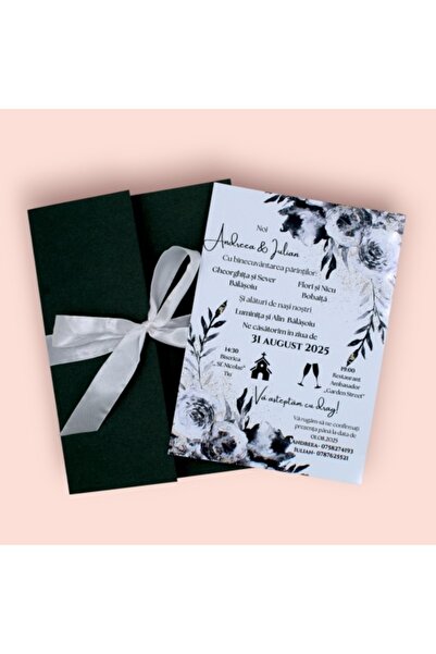 Fabricacucadouri.ro Pachet 50 Invitație Nuntă cu Plic Verde Pădure și Fundiță...