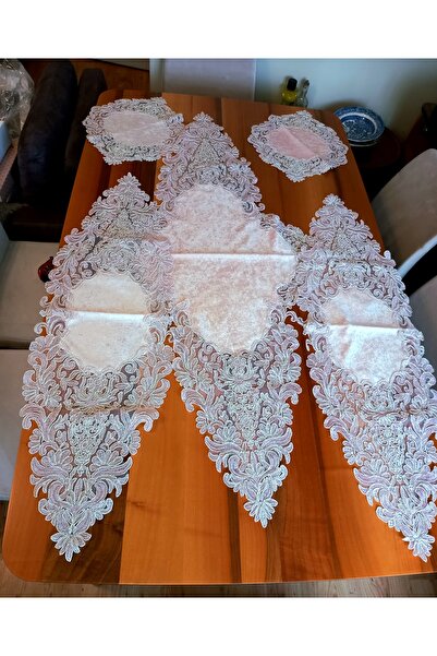 yörük tuhafiye Living Room Set Tablecloth Table Runner Set, Powder Pink Velve...