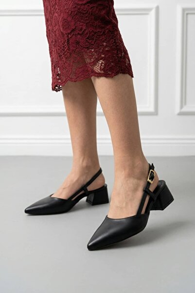 NAVİSHOES Women's Pointed Toe Open Back 5 cm Thick Short Heeled Shoes Eu126Nav