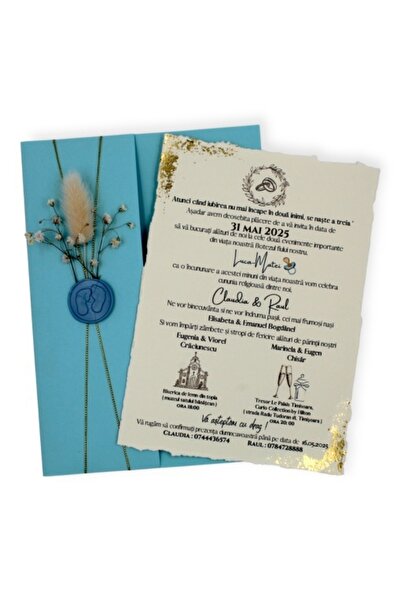 Fabricacucadouri.ro Pachet 50Invitație Botez Bleu cu Foiță Aurie, Flori Natur...