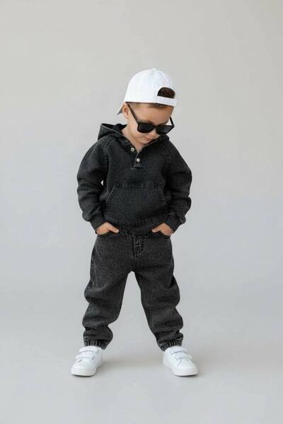 CHİCKİDSWEAR Boy's Hooded Denim Top and Bottom Set, Comfortable Cut, Casual C...