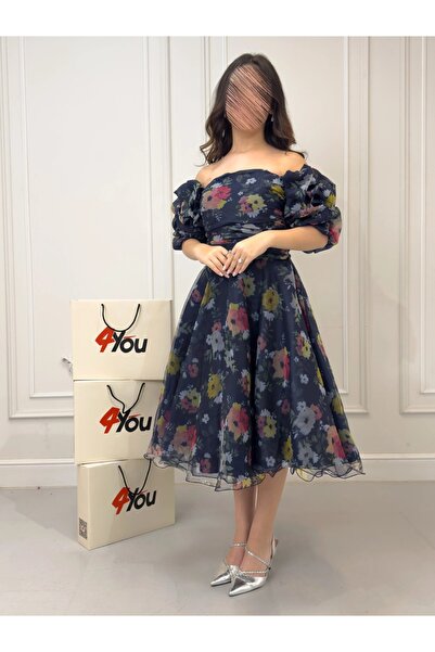 NO BRAND فستان ميدي كحلي مزهر بتصميم أوف شولدر وأكمام منفوشة