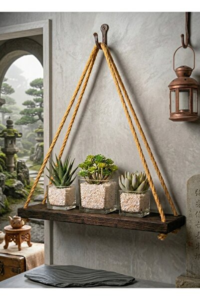 KyroStüdyo Kyro Vesta - Masif Ahşap Jüt Halatlı El Yapımı Dekoratif Duvar Raf...