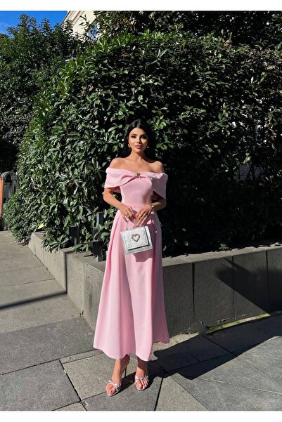 maf collection Women's Pink Madonna Collar Buckle Detail Midi Evening Dress G...