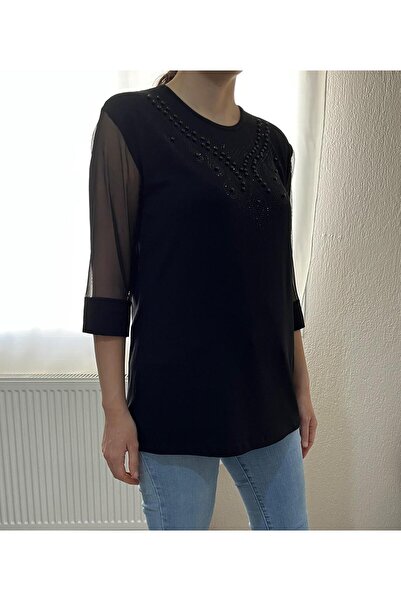 Darling Women's Black Crew Neck Front Beaded Sleeves Tulle Pack Mother Combed...
