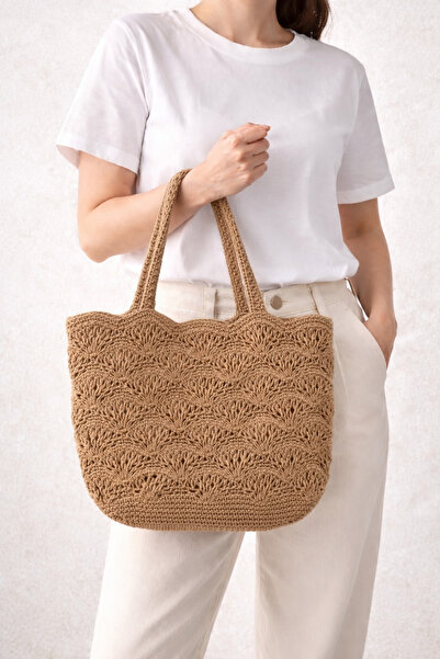 MSM El Örgüsü Kağıt İp Omuz Çantası Kadın Günlük Şık Tote Çanta Bej Kahve