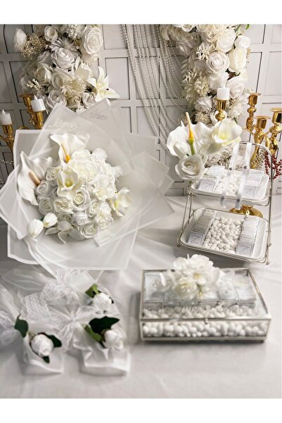 m ticaret Beyaz Çiçekli Gelin Buketi 120 Nişan Çikolatası Yüzük Kurdelesi ve ...