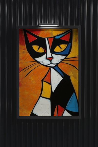 VERONİCA LİNE Picasso Tarzı Kübik Modern Kedi Figürlü Sanat Doğal Ahşap Çerçe...