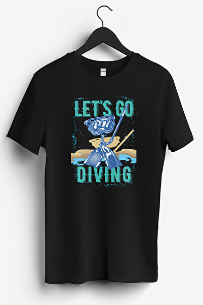 Dalgıç Let's Go Diving Baskılı Regular Sıfır Yaka %100 Pamuk Unisex Penye T-Shirt