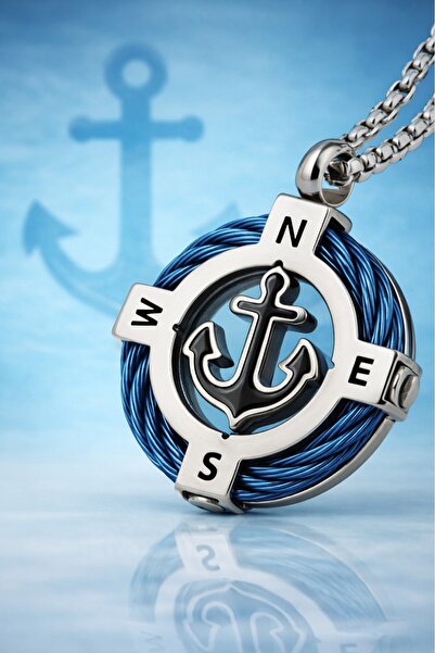 voyageaccessory Minimal Design Blue Rope Detailed Stainless Steel Anchor Neck...