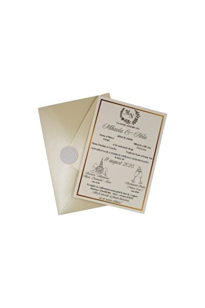 Fabricacucadouri.ro Pachet 50 Invitație de nuntă crem ivory cu sigiliu alb și...