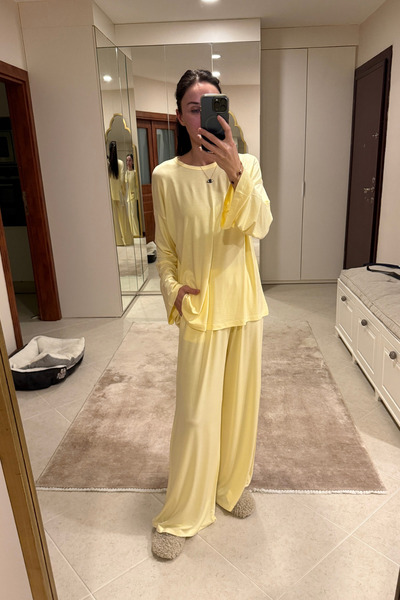 5in1Canpolat Yellow Crew Neck Pajama Set 0009