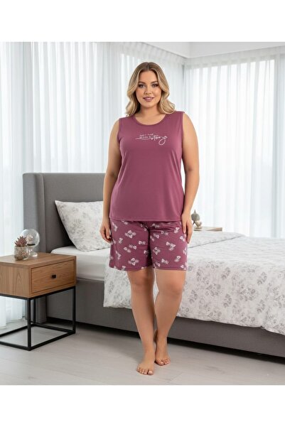 Eyfuze Women's Milan Fabric Large Size Curve Printed Patterned Shorts Pajama Set