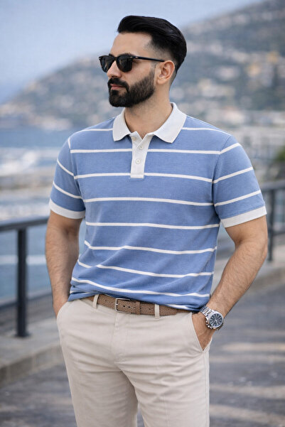 DepoExport Erkek Çizgili Polo Yaka T-Shirt Slim Fit Pamuklu Günlük & Smart Ca...