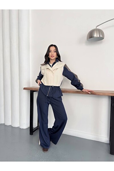 timagna Kadın Alt Üst Takım Kontrast Renk Panelli Fermuarlı Ceket Pantolon İk...