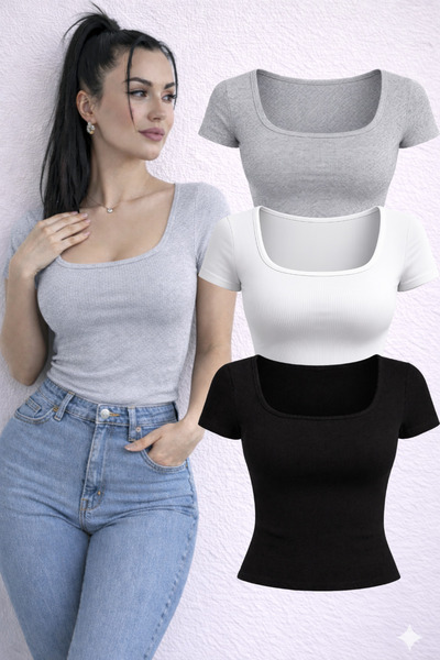 RİEMA Women's 3-Piece Set U-Neck Short Sleeve Corded Fabric Square Neck Cotto...