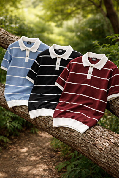 DepoExport Men's Striped Polo Neck T-Shirt Slim Fit Cotton Pack Daily & Smart...