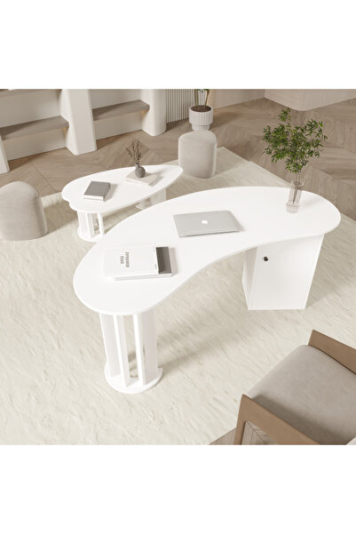 klubeconcept MİZAN Oval Beyaz Çalışma Masası & Sehpa Modern Minimal Ofis Seti...
